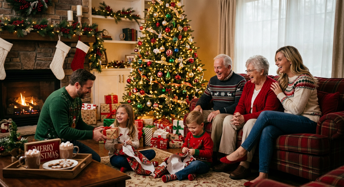 Multigenerational family opening Christmas presents by decorated tree and fireplace