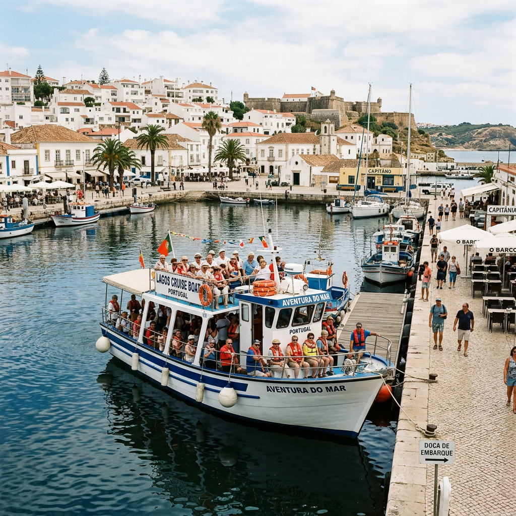 Tour boat 'Aventura do Mar' carrying tourists docked in Lagos Portugal harbor
