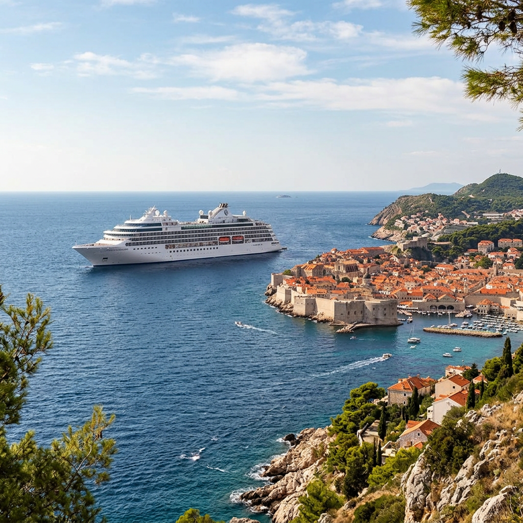 Cruise ship near a walled coastal city with terracotta rooftops and rocky shoreline